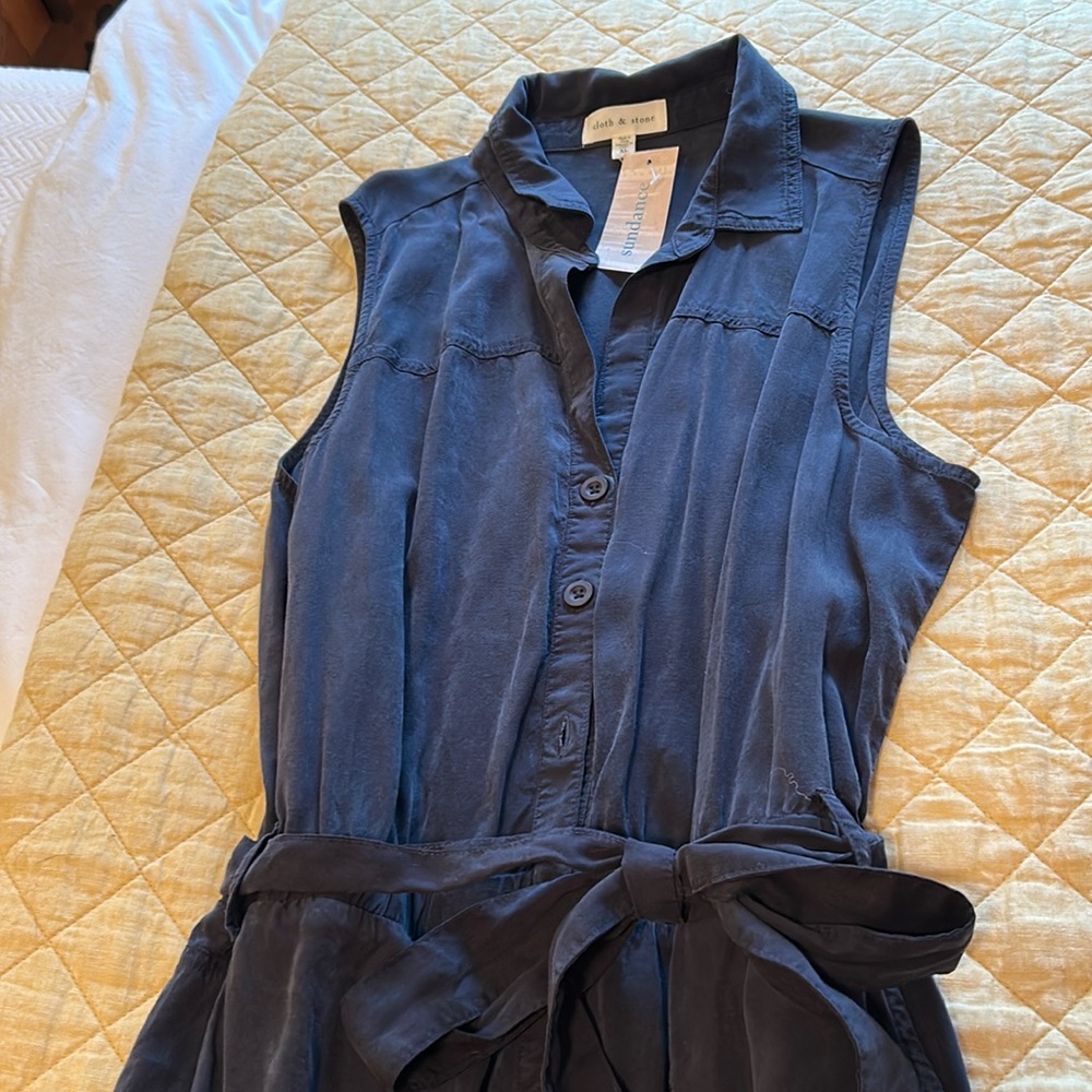 cloth & stone Sleeveless Navy Button-Front Wide-Leg Jumpsuit with Tie Waist